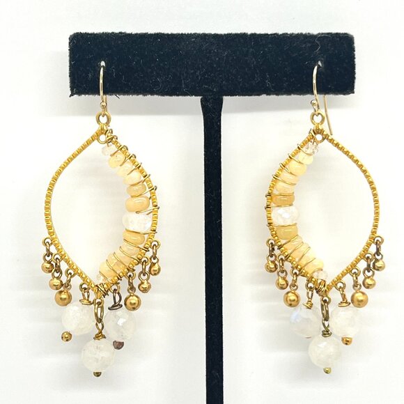 GOLD TONE BEADED CHANDELIER DANGLE EARRINGS BOHO FAUX MOONSTONE YELLOW STONE - Picture 1 of 16